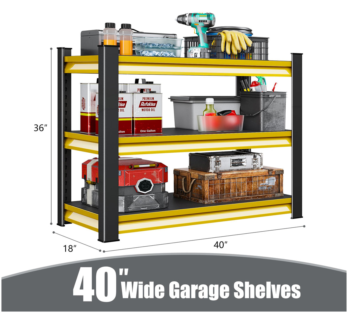 Rufokisa 40" W Garage Shelving Heavy Duty, 1500LBS Loads Adjustable Garage Storage Shelves,3-Tier Metal Storage Racks and Shelving Units, Utility Rack Shelves,40" W x 18" D x 36" H,Yellow Rufokisa