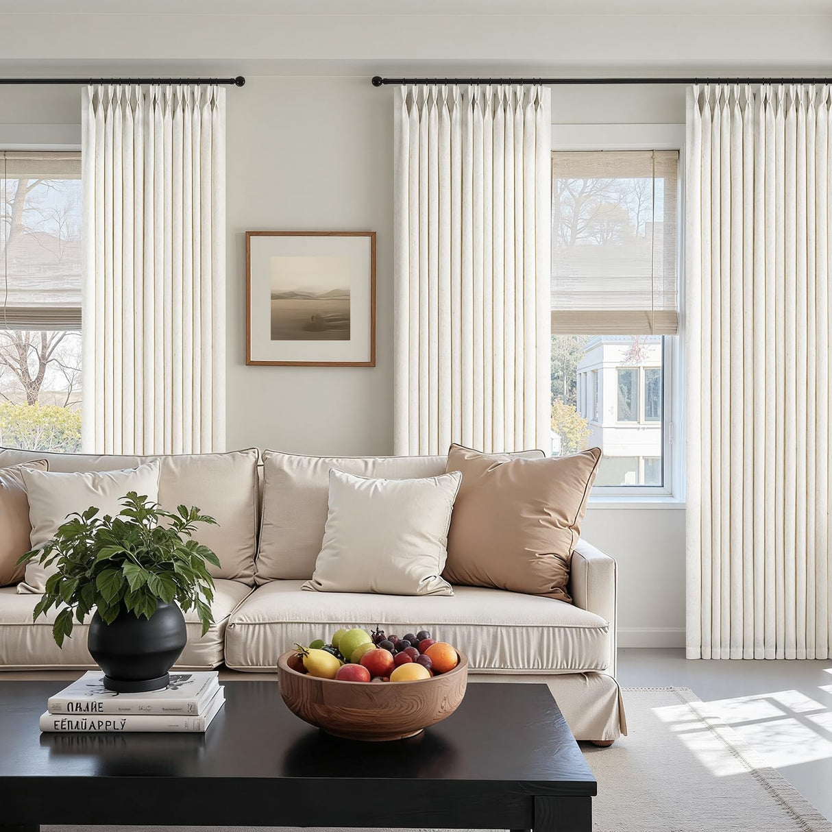 Natural Pinch Pleated Linen Curtains 84 Inch Long 2 Panels for Living Room Bedroom Country Farmhouse Thick Linen Textured Semi Sheer Back Tab Pinch Pleat Hooks Rings Window Curtain Birch Cream 7 FT Drapenova