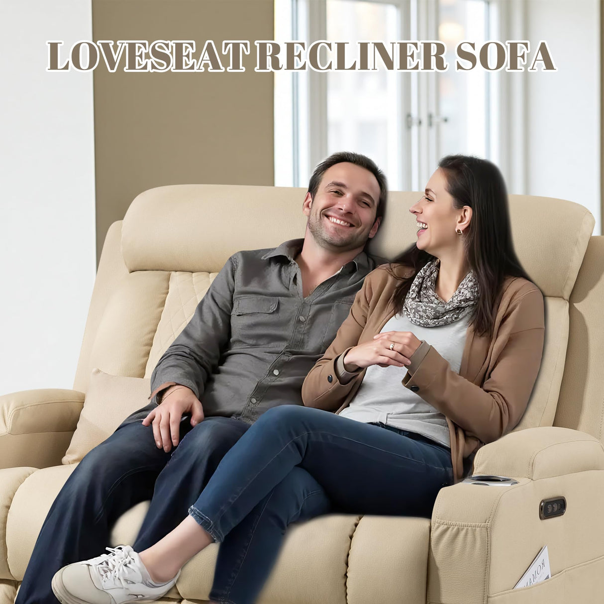 Neptane Zero Wall Hugger Power Reclining Loveseat with Adjustable Headrest, Power Loveseat Recliner Sofa with USB&Type-C Ports, Wall Hugger Loveseat Recliner for Living Room(Beige, 2 Seater) Neptane