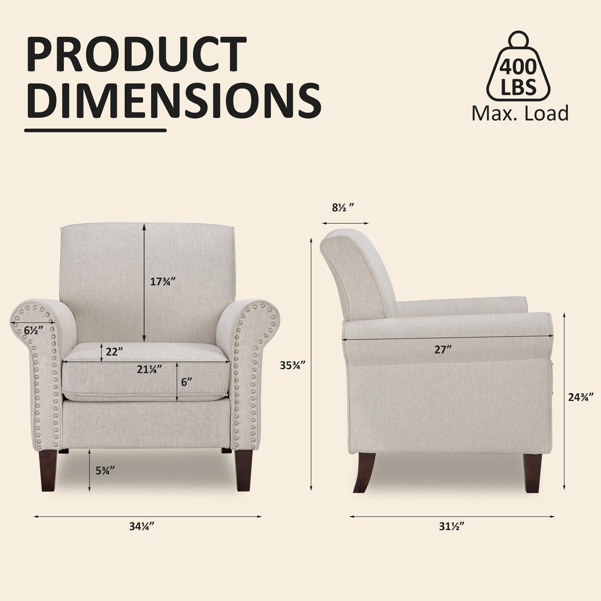 PrimeZone Comfy Accent Chair, Mid-Century Modern Fabric Living Room Chair Reading Chair with Soft Cushion, Nailhead Trim & Rolled Armrest, Arm Chair Sofa Chair for Bedroom Waiting Room Office, Beige PrimeZone