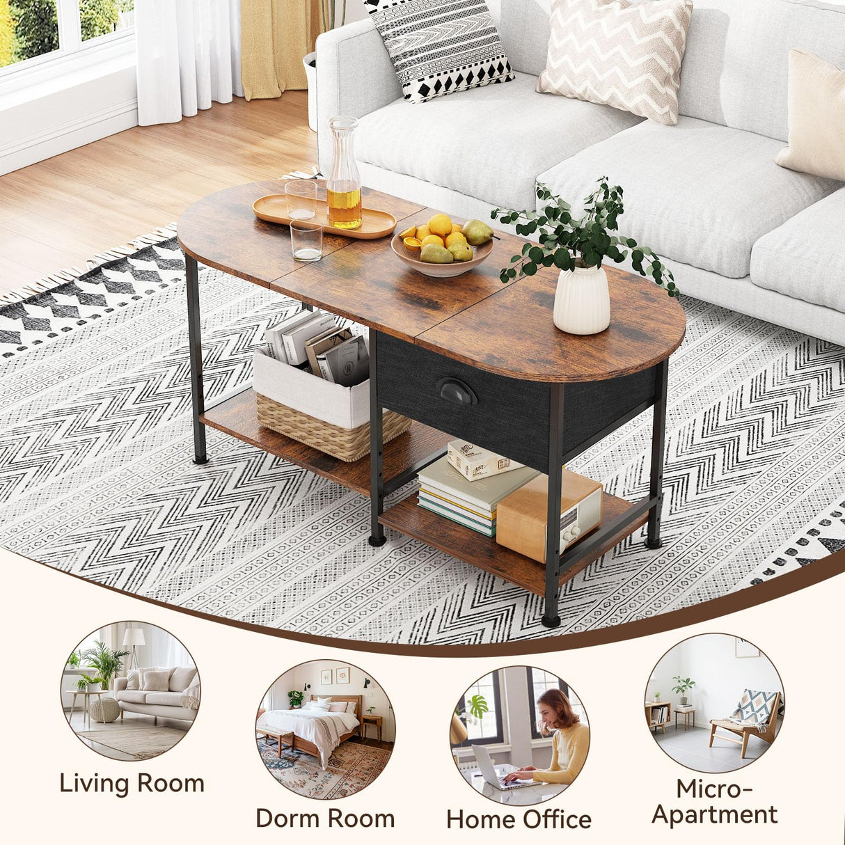 37" Oval Small Coffee Table with Storage,Modern Wood Living Room Center Table for Small Space,Apartment,Home Office,Drawer & Open Shelves,Easy Assembly,Rustic Brown Kratonix