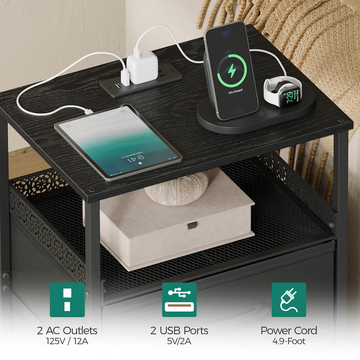 JARHETUN End Table with Charging Station and LED Light, Side Table with USB Ports and Outlets, LED Nightstand Set of 2, Bedside Tables with 3 Fabric Drawers, Black JARHETUN