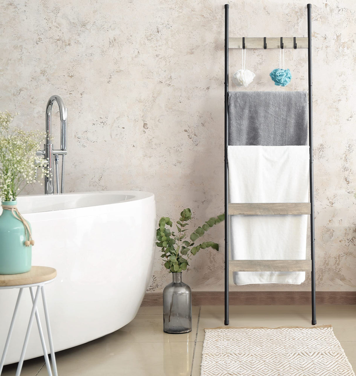 ELYKEN Blanket Ladder for Living Room, Farmhouse 5 -Tier Quilt Holder with 4 Removable Hooks for Bathroom, Wood Towel Rack Display, Wall Anchor Leaning Decorative Stand for Home Decor, White Oak ELYKEN