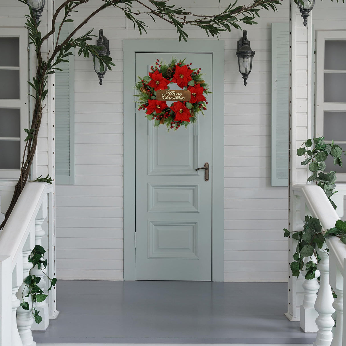 AMF0RESJ 20 inch Artificial Christmas Wreath Winter Wreath with Poinsettia,Eucalyptus Leaves,red Berry,Pine Cones,Pine Needles for Indoor Outdoor Farmhouse Home Wall Window Festival Wedding Decor AMF0RESJ