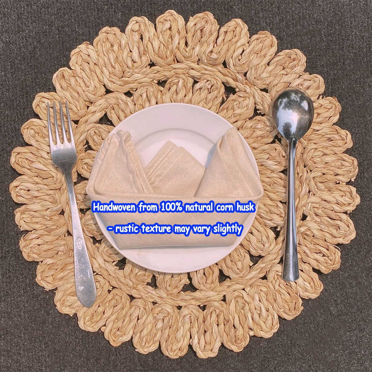 DELAQIKO 13.8" Round Corn Husk Placemats | Boho Woven Rattan Table Mats | Natural Spring Farmhouse Plate Chargers | Handmade Rustic Wicker Place Mats for Christmas Wedding (Set of 4) DELAQIKO