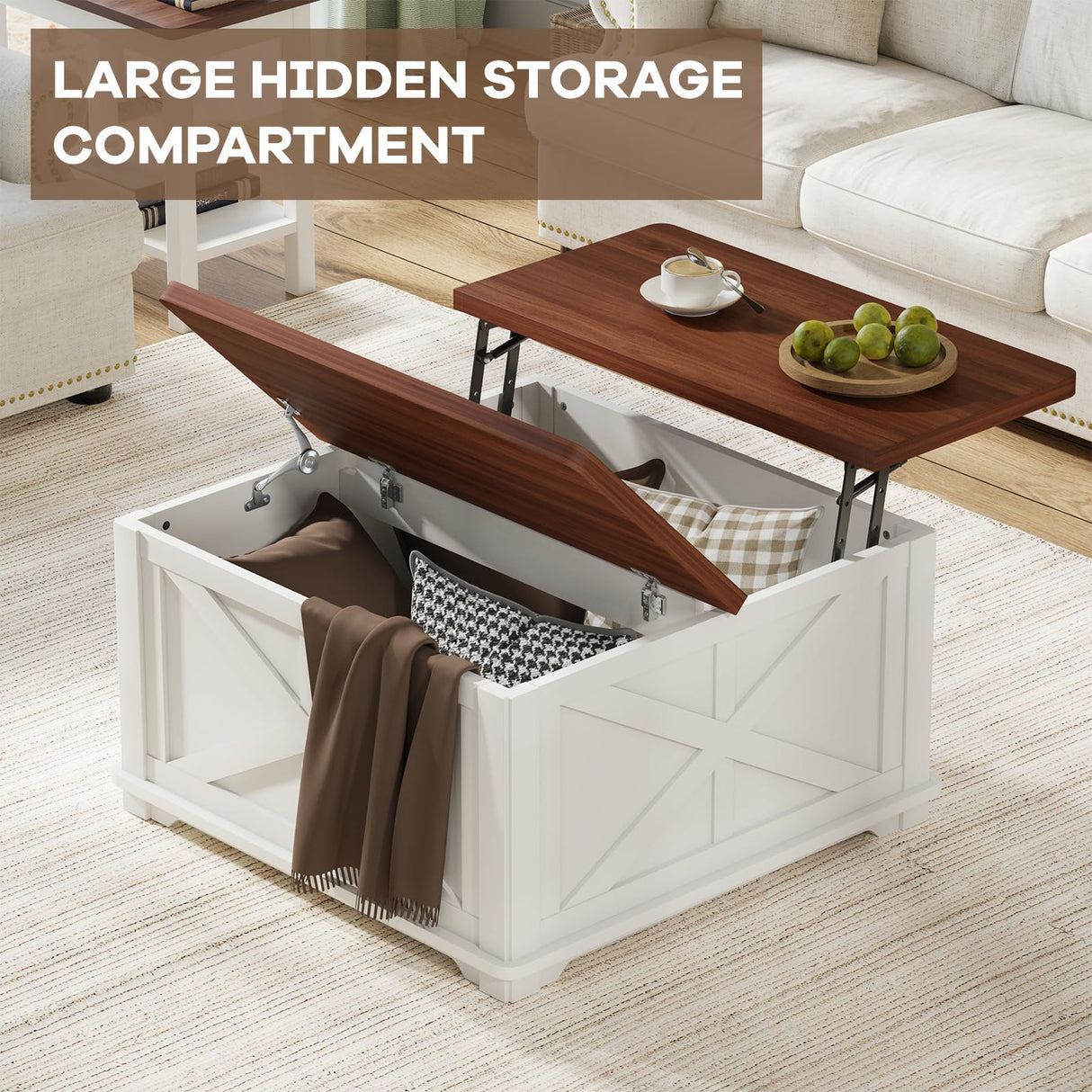Airynee Farmhouse Coffee Table, 31.5" Lift Top Coffee Table with Storage, Square Coffee Tables for Living Room, Wooden Coffee Tables with Brown Flip-Top Lids for Home Office, White Airynee