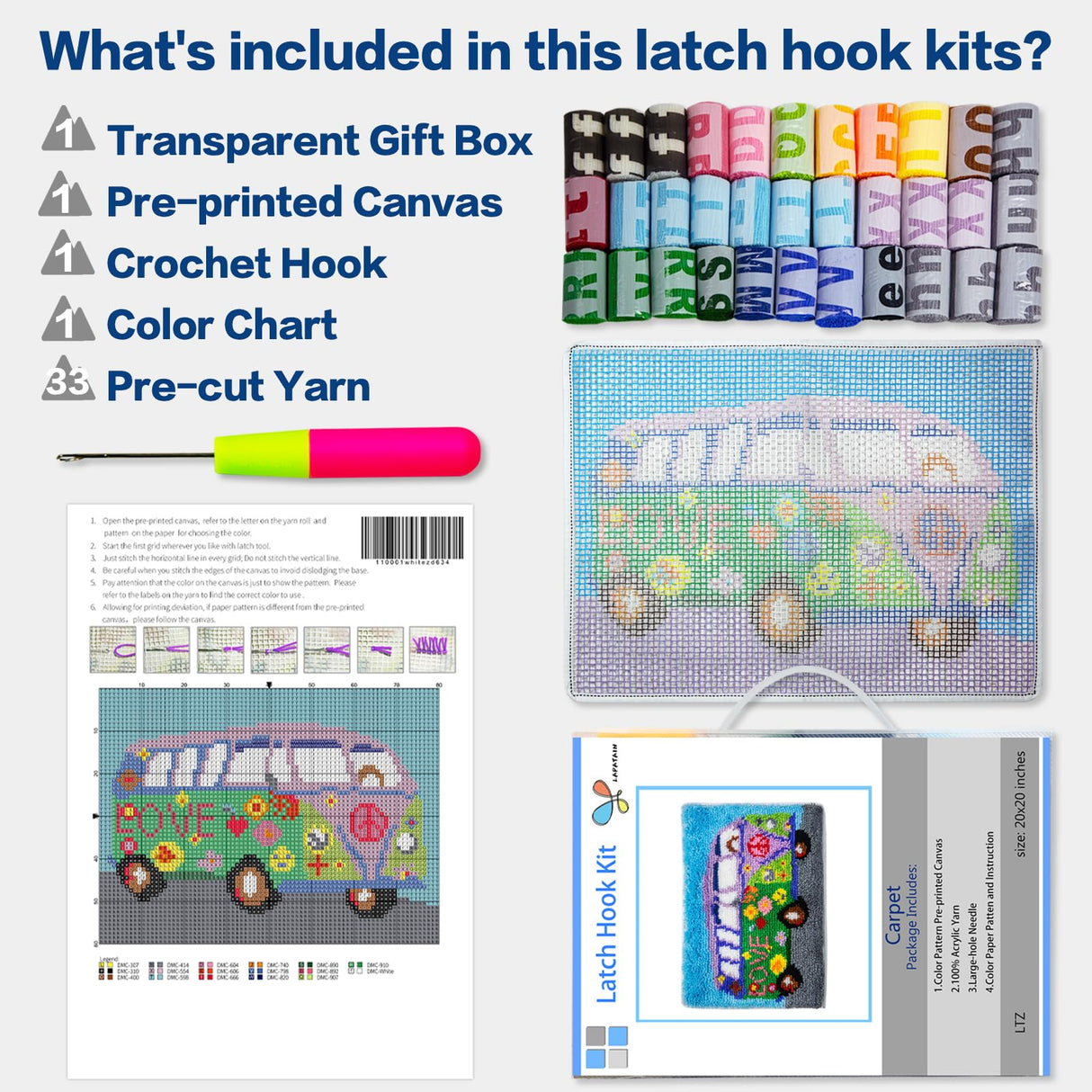 LAPATAIN Latch Hook Kits DIY Crochet Yarn Kits,Flower Car Carpet Embroidery Hook Rug Kit Needlework Sets Cushion for Kids or Adults Home Decor 20x15inch LAPATAIN
