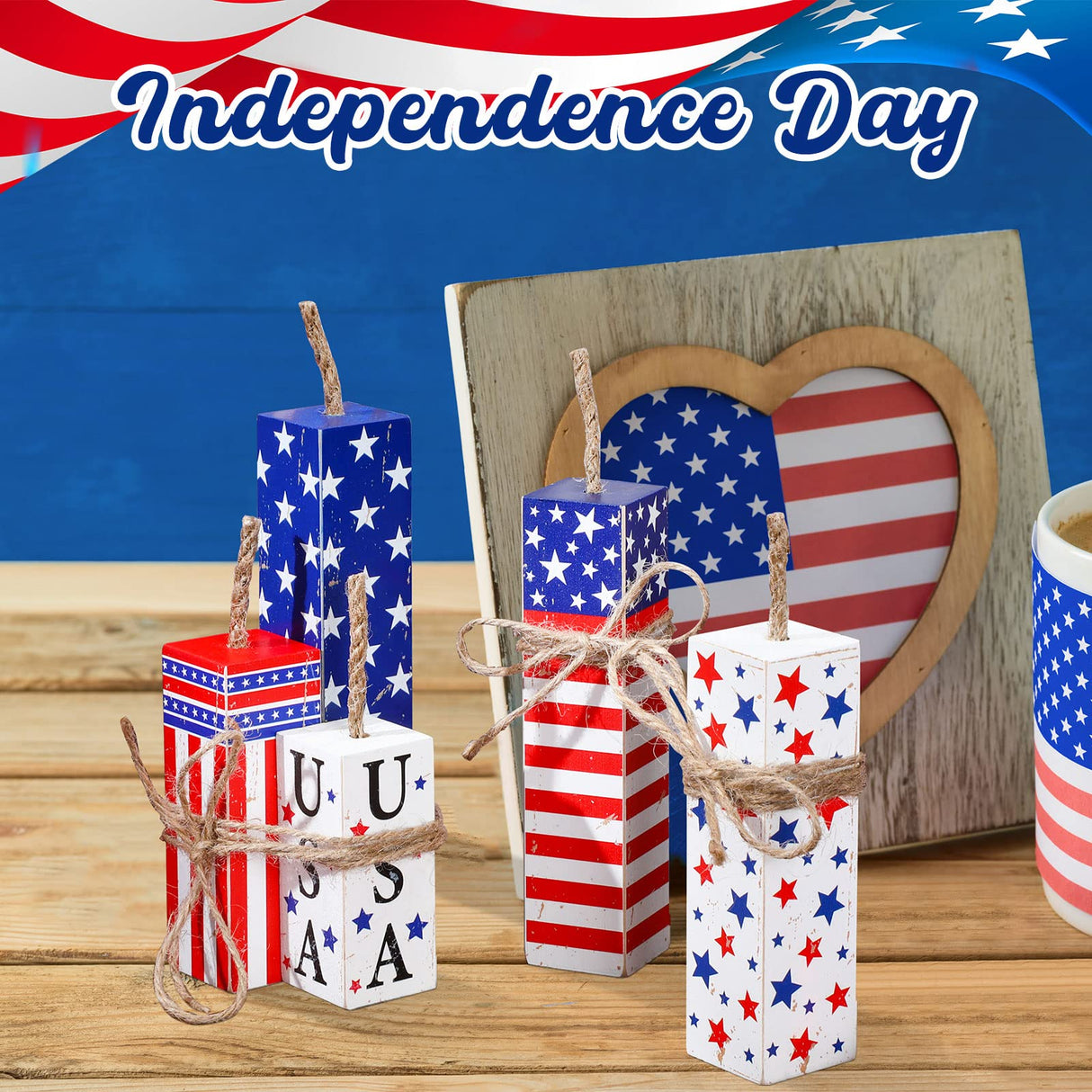 Weysat 5 Pcs 4th of July Tiered Tray Decor Wooden Rustic Patriotic Fireworks Centerpiece Wood Memorial Day Independence Day Red White and Blue Decorations for Farmhouse Home Table Decor Weysat