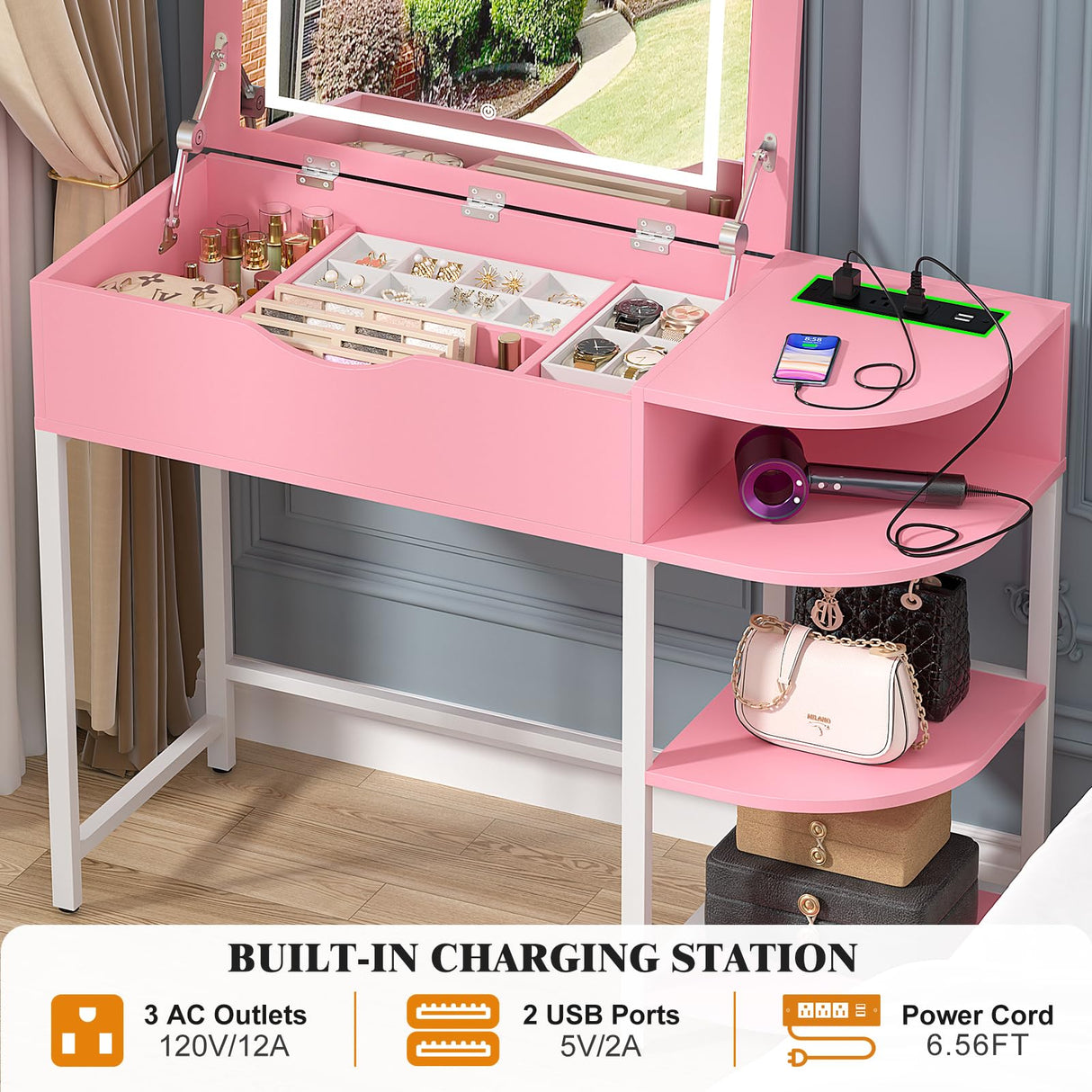 Cyclysio Vanity Desk with Flip Top Mirror and Lights, Makeup Vanity Desk with Drawers, Dressing Table with Storage Shelves & Charging Station, Small Vanity for Small Spaces, Pink Cyclysio
