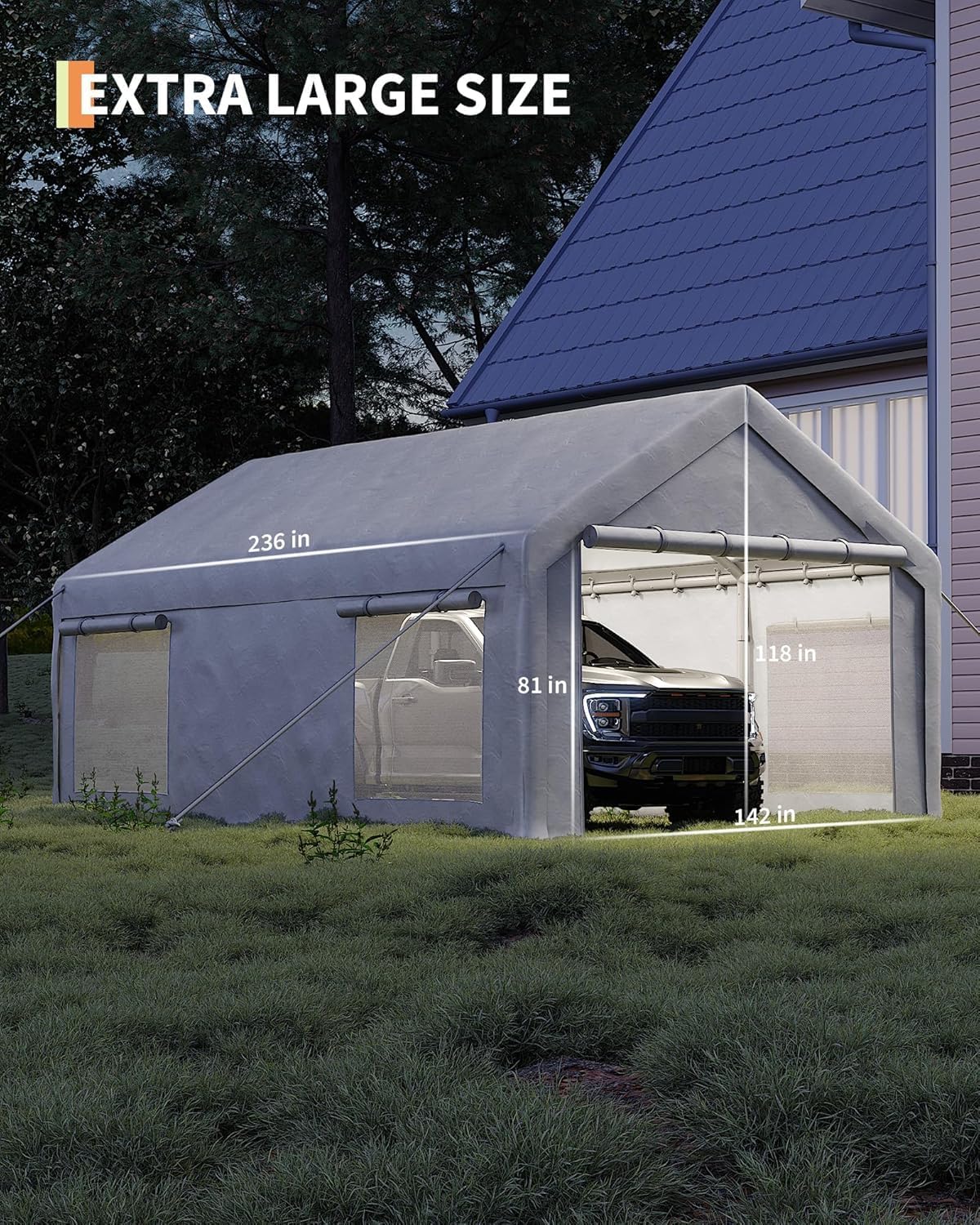 12 x 20FT Heavy Duty Carport with Roll-Up Windows, Portable Garage with Removable Sidewalls & Doors, Portable Car Tent Garage with Roll-Up Windows and All-Season Tarp, for Car, Truck, Curtainboro