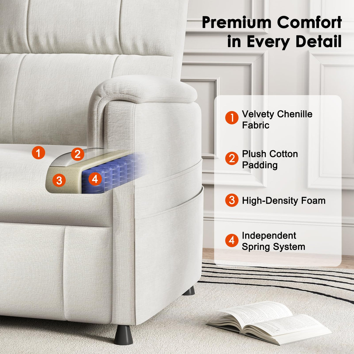 Amada Power Recliner Chair for Adults, Chenille Electric Reclining Chair for Small Spaces with Remote & Side Pockets, Thick Seat Cushion for Home Theater, RV, Living Room & Bedroom (White) AMADA HOMEFURNISHING