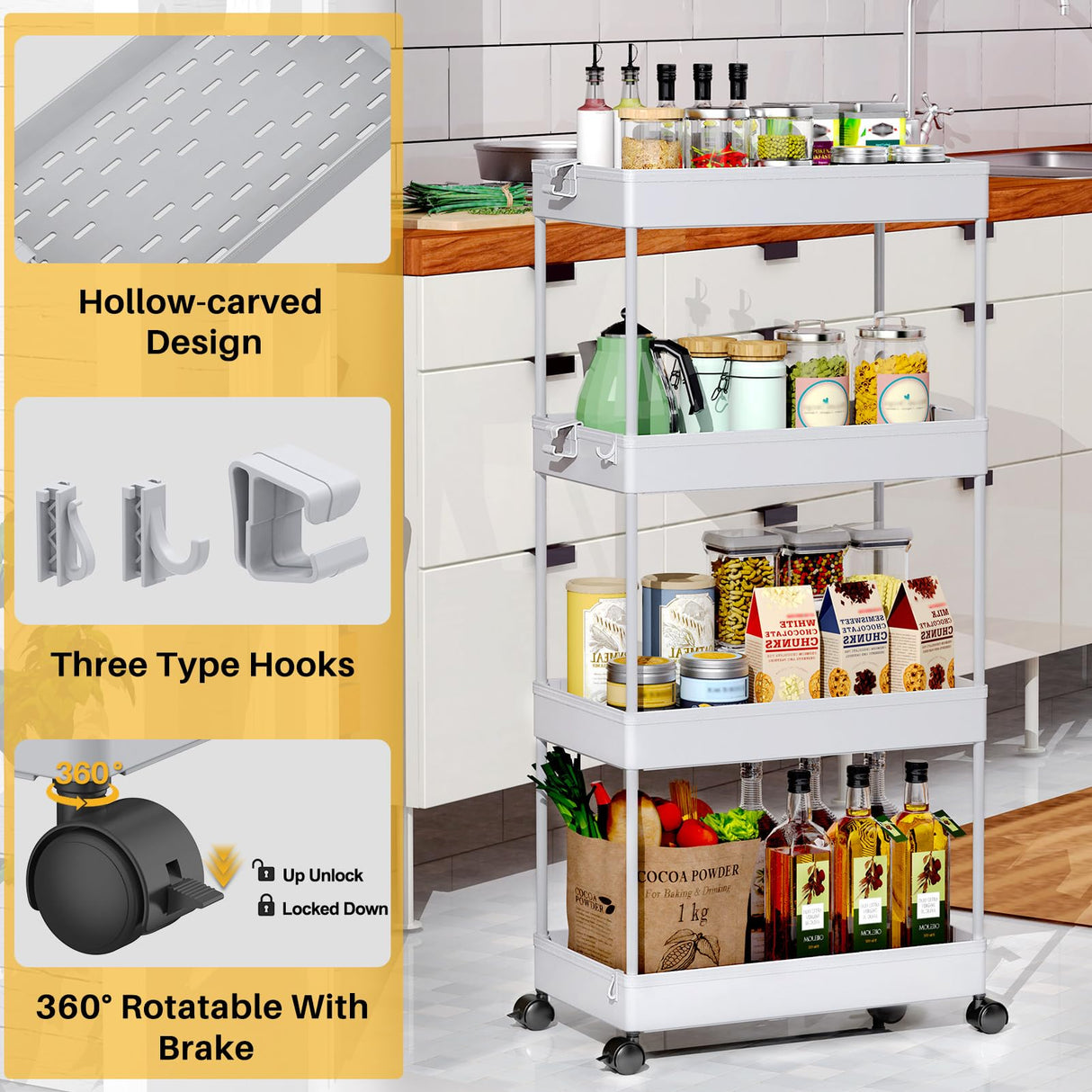 SPACEKEEPER Storage Cart, 4-Tier Mobile Shelving Unit, Bathroom Rolling Cart Utility Storage Organizer Shelf for Kitchen Living Room Bathroom Laundry Room & Dressers, Gray SPACEKEEPER
