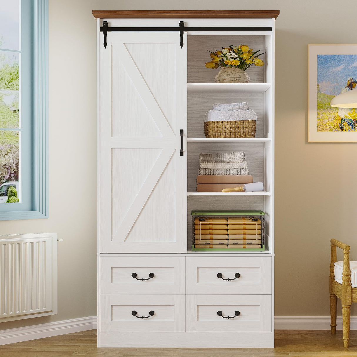 IRONCK Armoire Wardrobe Closet with 4 Drawers,71" Wardrobe Cabinet with Sliding Barn Doors, Tall Clothing Storage Cabinet with Hanging Rod and Shelves for Bedroom, White IRONCK