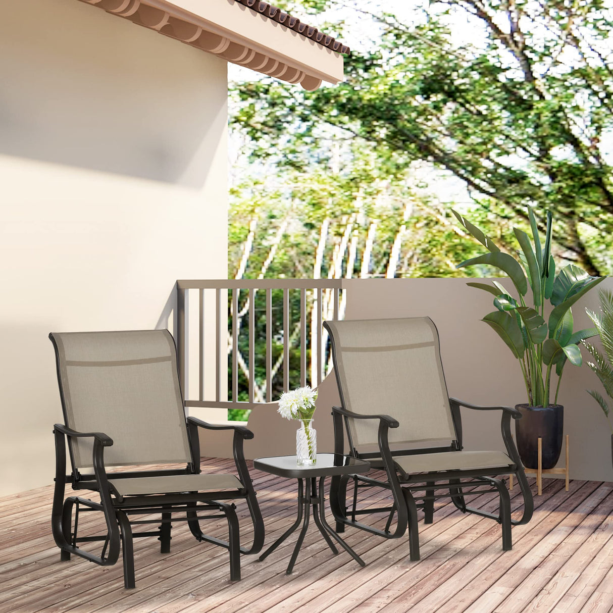 Outsunny 3-Piece Outdoor Gliders Set Bistro Set with Steel Frame, Tempered Glass Top Table for Patio, Garden, Backyard, Lawn, Gray Outsunny