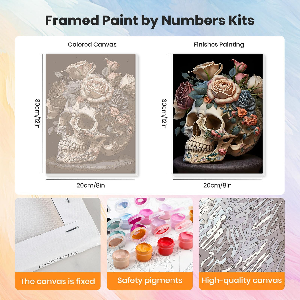 HEIBAGO Halloween Framed Paint by Numbers Kit for Adults, Skull Paint by Numbers for Beginner, Skeleton Adult Paint by Number Kits on Canvas, Painting by Numbers for Gift Home Wall Decor 12 * 16 inch HEIBAGO