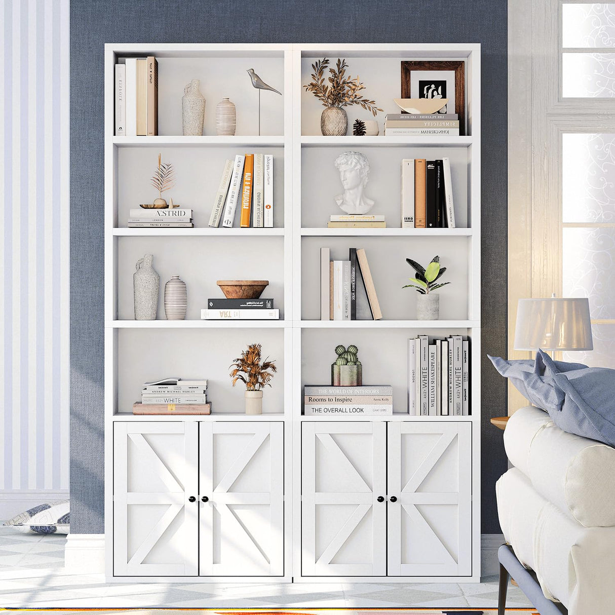 oneinmil 6 Tier Bookshelves and Bookcase with Doors Industrial Set of 2 Double Wide Floor Standing Book Shelf 71" Tall Display Shelves Bookshelf with Storage Cabinets for Living Room White oneinmil