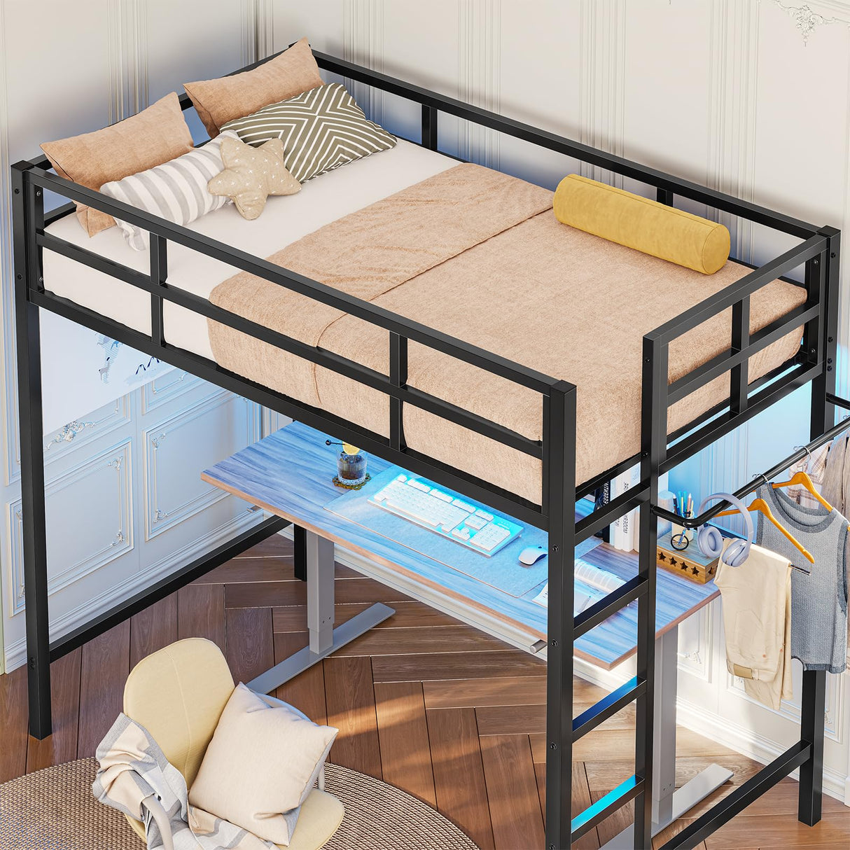 Hasuit Twin Loft Bed with LED Lights, Metal Loft Bed Twin Size with Full-Length Guardrail &Clothes Rack, Heavy Duty Metal Loft Bed Frame, Space-Saving, Noise Free, No Box Spring Needed, Black Hasuit