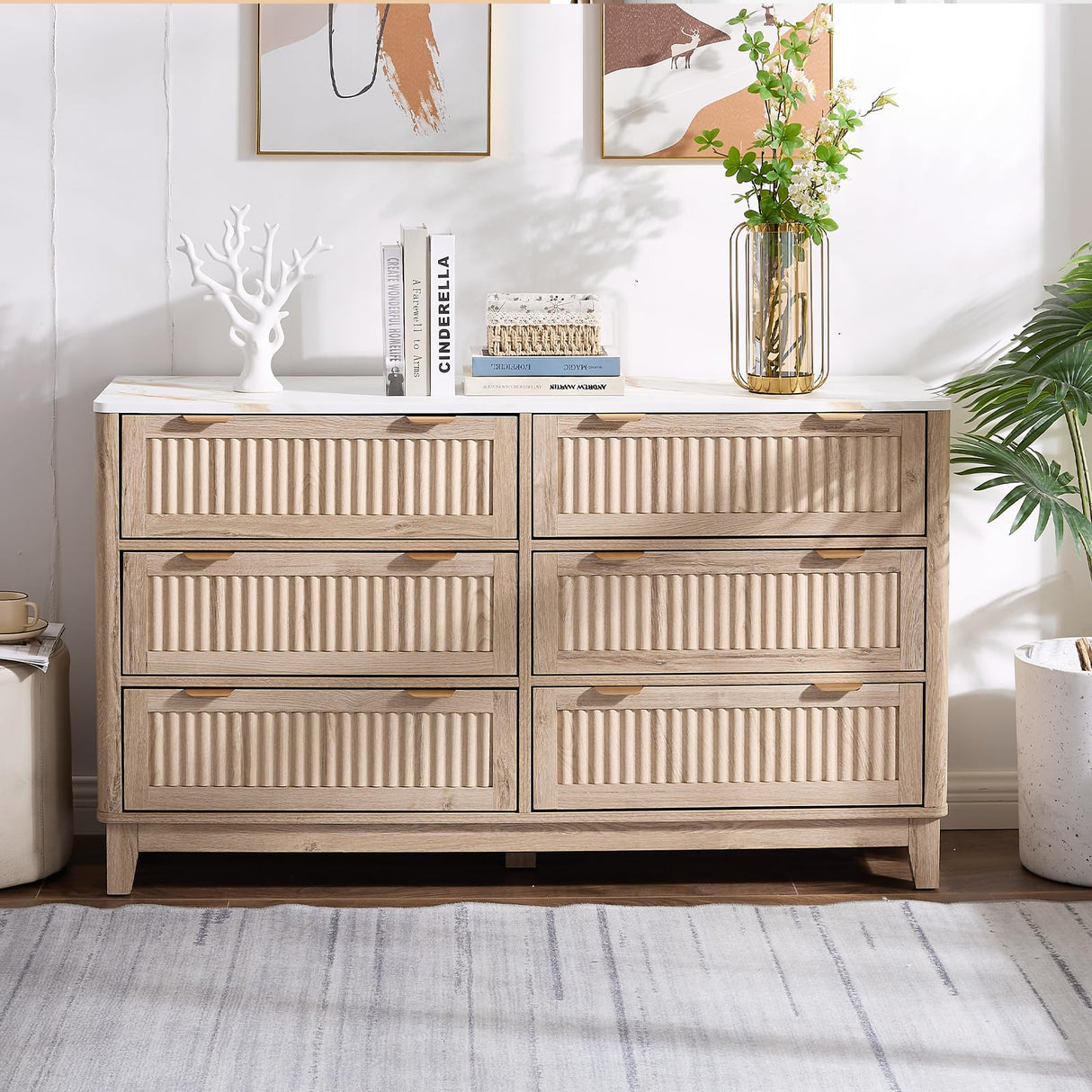 6 Drawers Dresser for Bedroom, 54" Large Storage Dresser, Farmhouse Wood Dressers with Faux Marble Top, Modern Dressers & Chests of Drawers for Living Room Entryway, Fluted Curved Profile, Natural Oak GIAJORYA