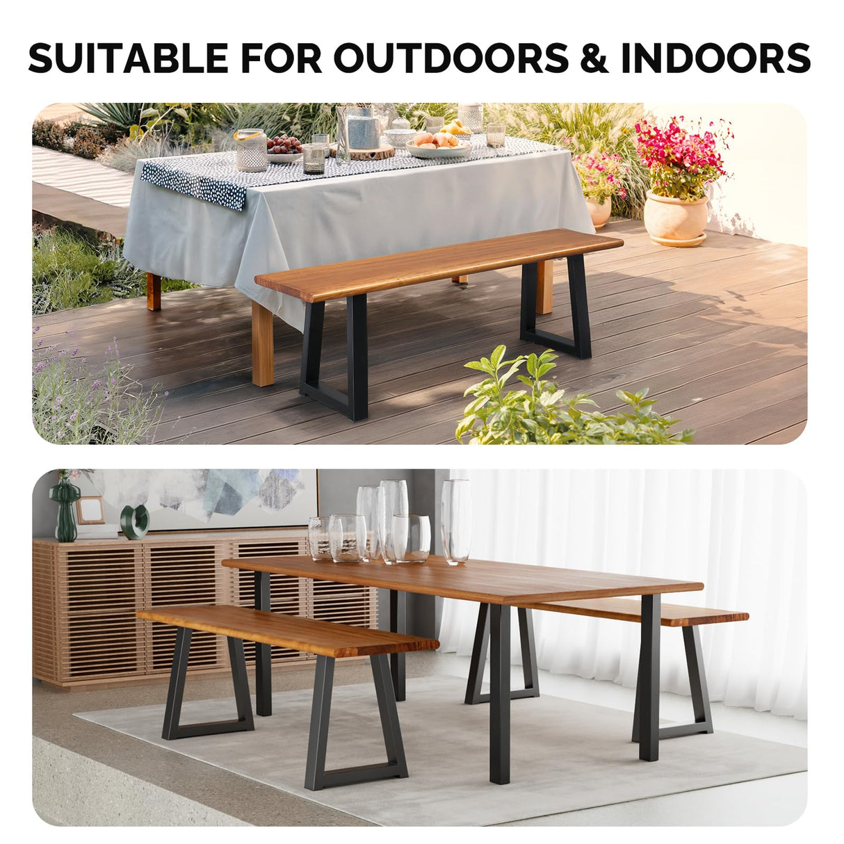 VINGLI Outdoor Bench with Metal Legs Rustic, Wood Dining Bench Indoor Outdoor Porch Bench for Yard Garden Dining (57in) VINGLI