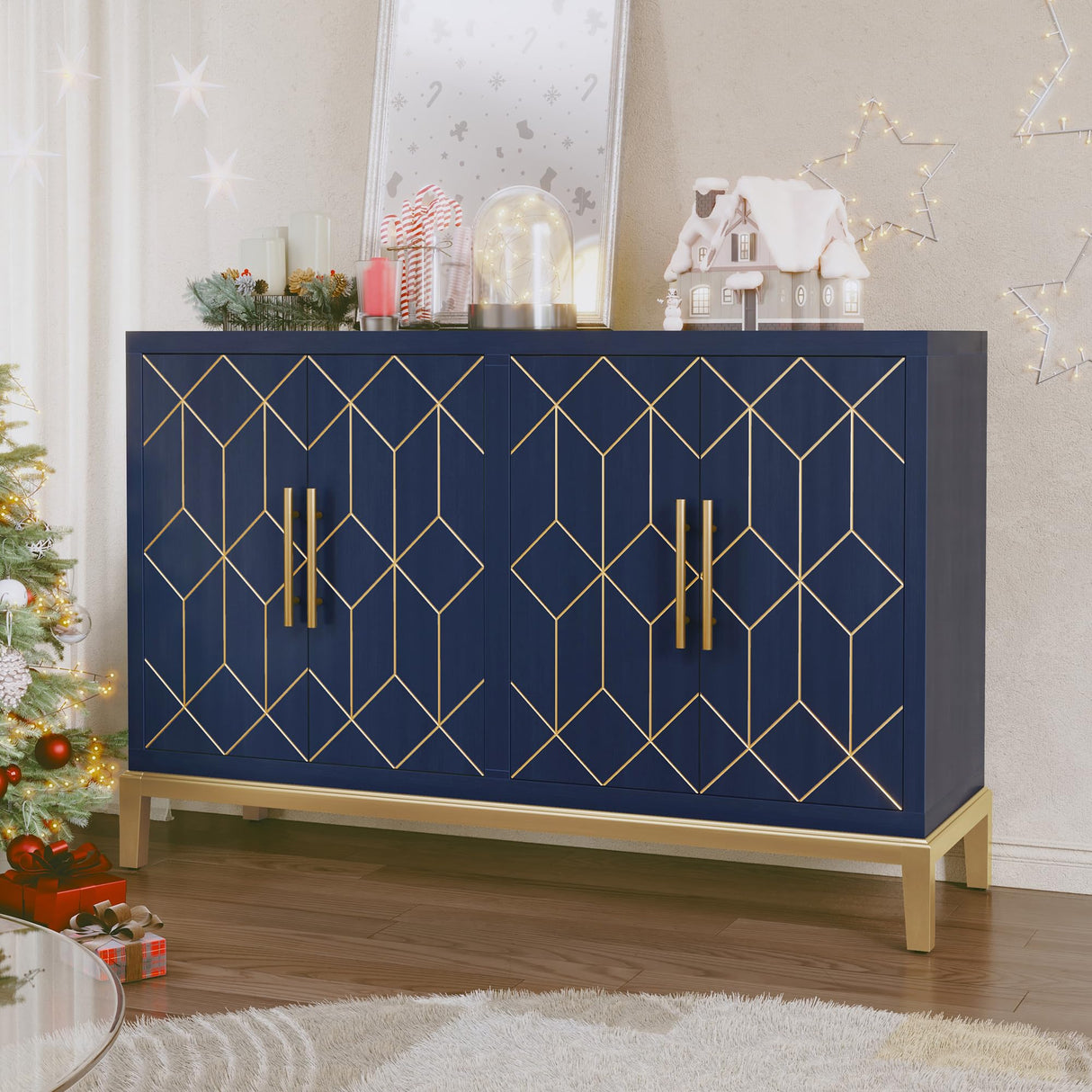 HLR 48" Accent Cabinet with 4 Doors and Shelves, Modern Credenza Storage Cabinet with Gold Trim, Sideboard Buffet for Living Room, Kitchen, Dining Room, Hallway, Blue HLR