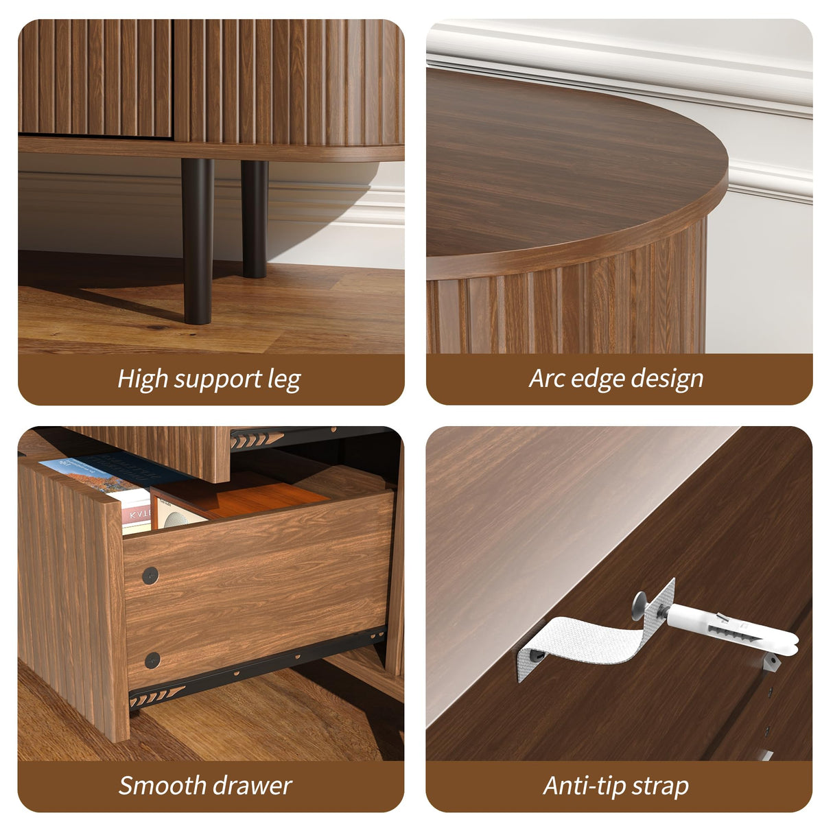 BVIUNTWO Fluted 6 Drawer Dresser, 63" Wide Modern Chest of Drawers with Metal Handle, Curved Edge Design, Wood Storage Credenza Cabinet for Bedroom,Living Room, Brown BVIUNTWO