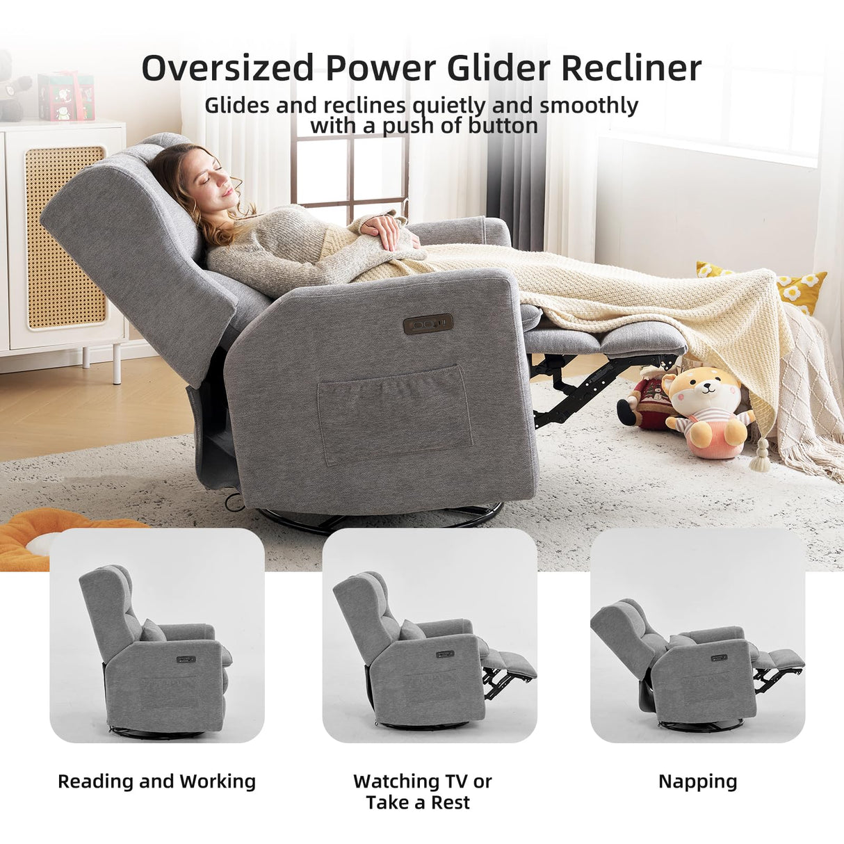 Rhevoy Oversized Swivel Rocker Recliner Chair, 26" Extra Wide Glider Nursery Chair with Adjustable Headrest, Chenille Power Recliner Rocking with Double Cushion, Cup Holder, Grey Rhevoy