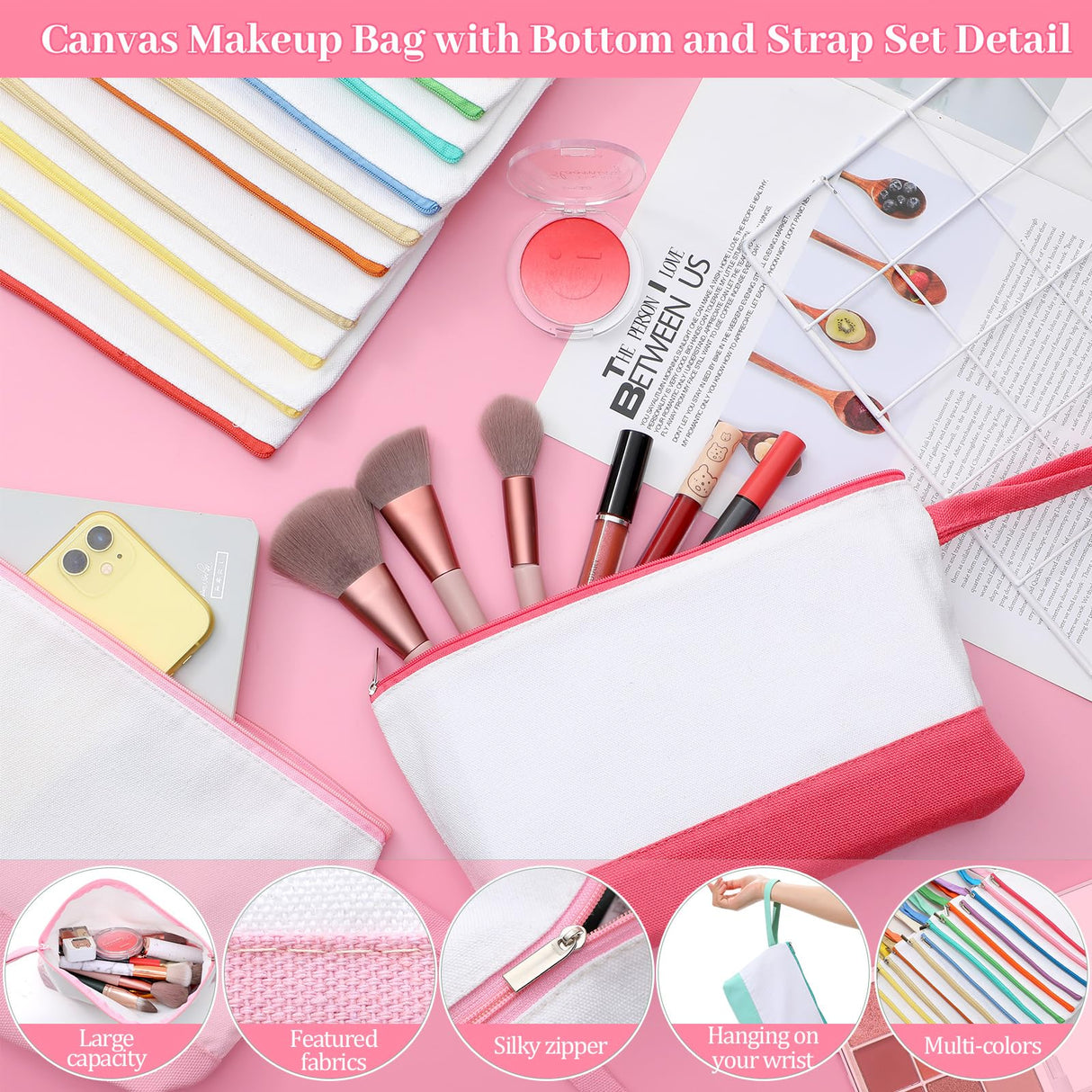 Silkfly 15 Pcs Cotton Canvas Makeup Bags Canvas Cosmetic Bag 10.2 x 5.5 x 2 Inches Two Tone Makeup Bags Bulk with Zipper Blank DIY Pouch with Bottom Travel Toiletry Pouch for Women (Cute) Silkfly
