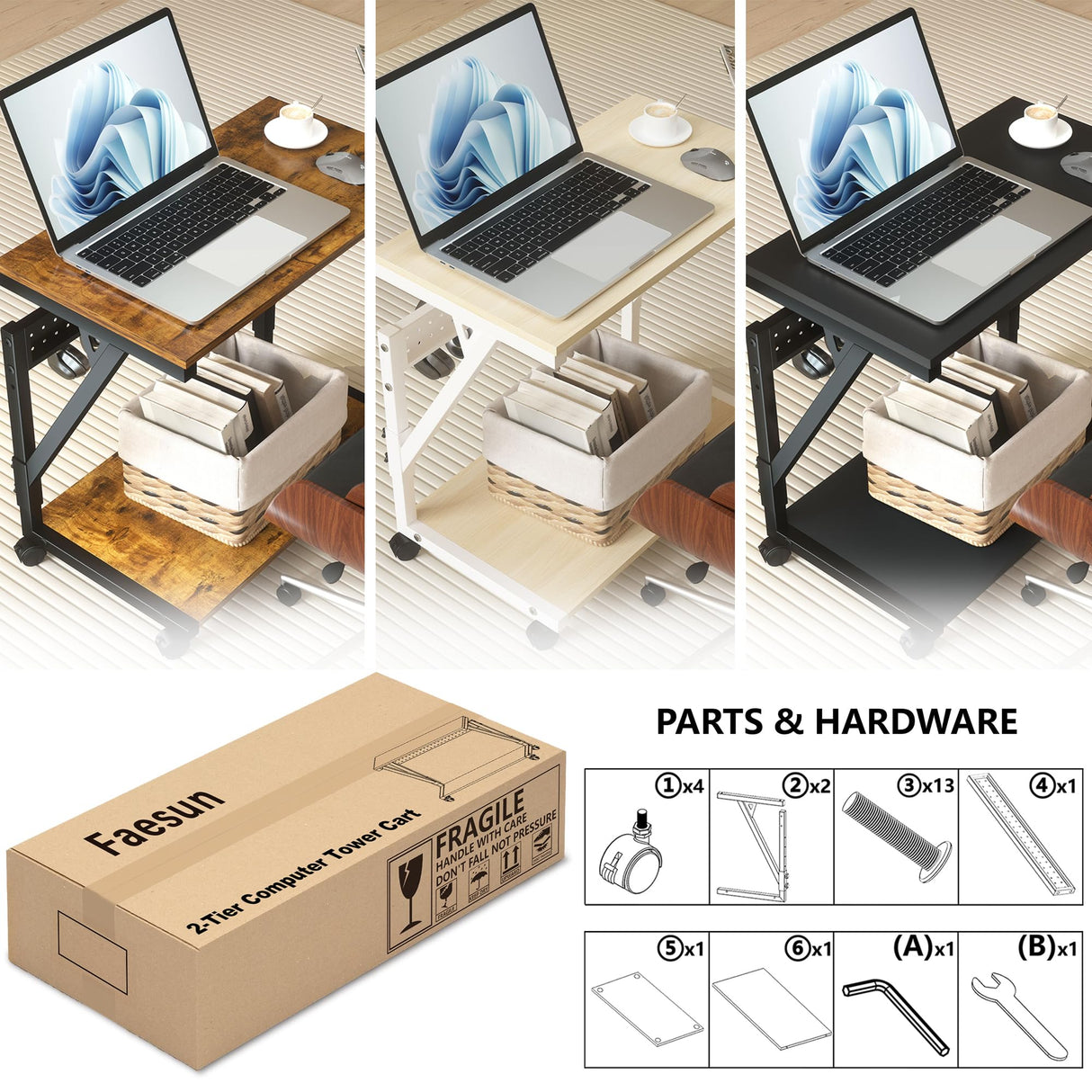 Faesun Computer Tower Cart - Height Adjustable PC Stand, 2-Tier ATX-Case CPU Holder Home Office Gaming Desk Accessories with Rolling Lockable Wheels, Laptop Table Standing Computer Desk, Rustic Black Faesun