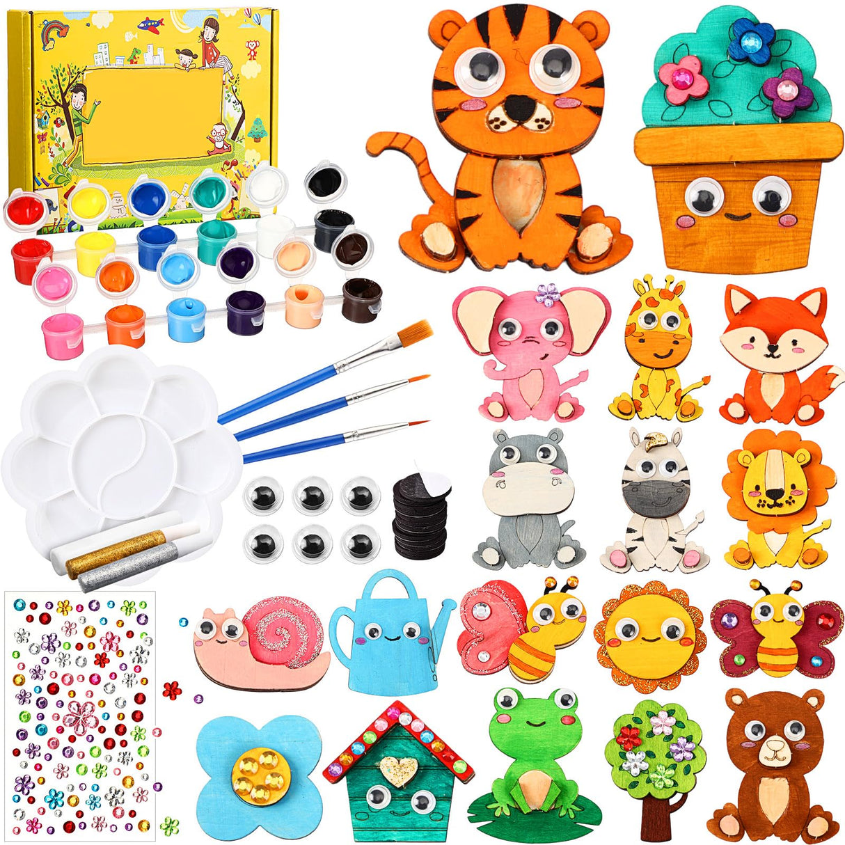 Relaxweex 18 Pcs DIY Wooden Magnets Painting Kit, Forest Animals Summer Arts and Crafts Supplies Wooden Painting Craft Activities Kit for Family Gifts Birthday Party Favors Christmas Easter Relaxweex