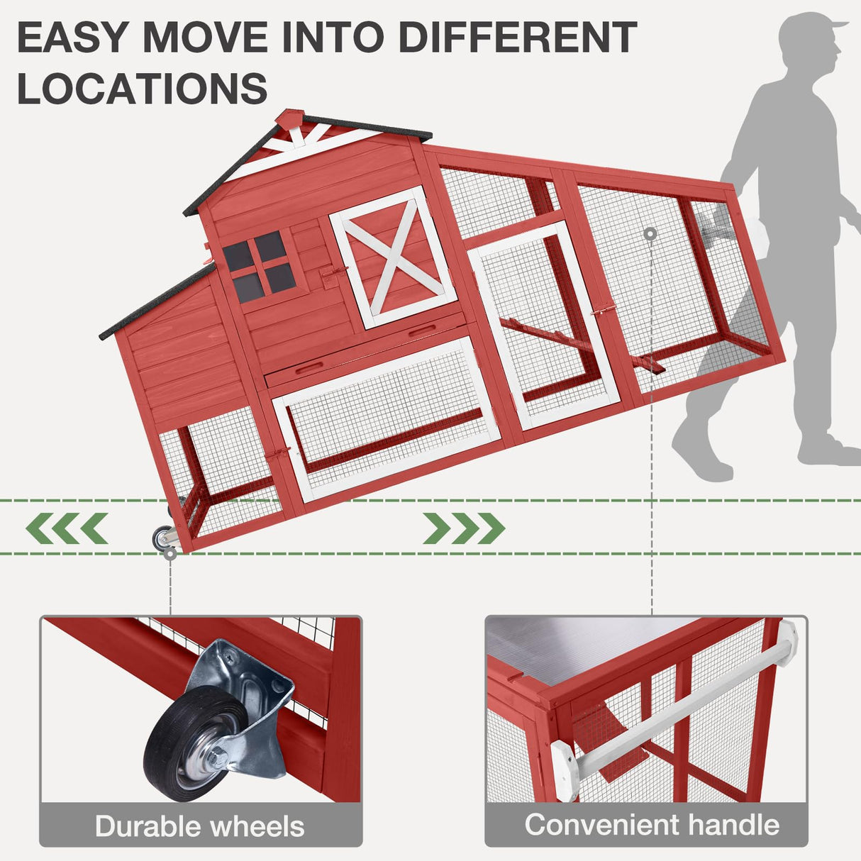 MEDEHOO Chicken Coop with Wheels Wooden Outdoor Chicken House Easy Cleaning with Nesting Box, Deeper Leakproof Pull-Out Tray and UV Proof Panel Roof - Reinforced Version - Red MEDEHOO