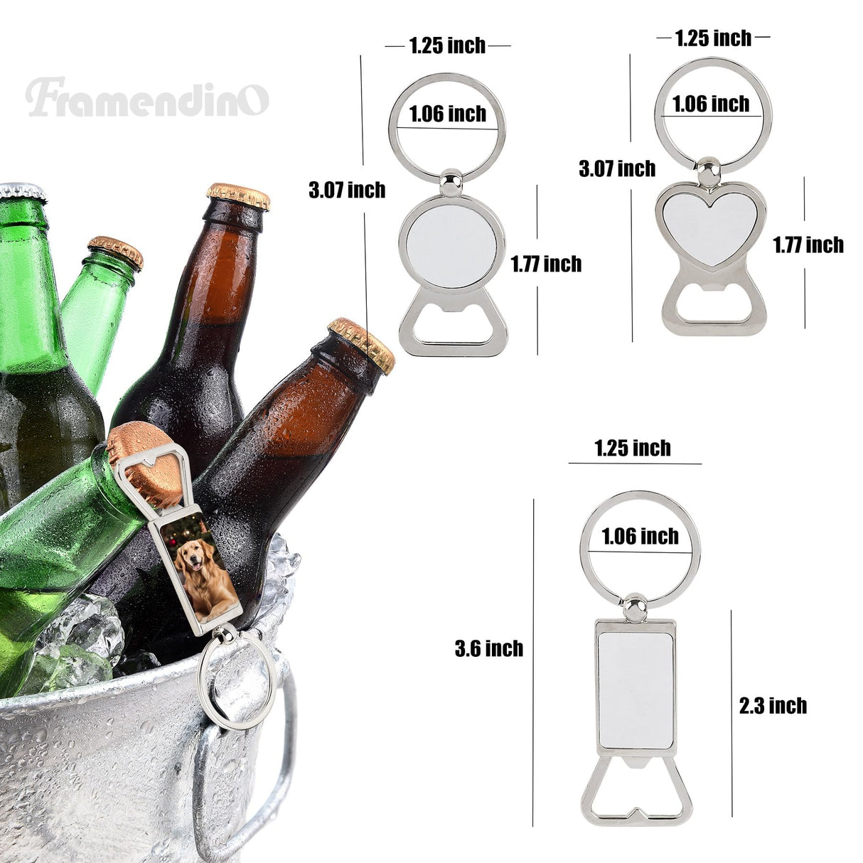 Framendino, 30 Pack Sublimation Metal Bottle Opener Transfer Blank Key Rings for DIY Photos 3 Styles Framendino