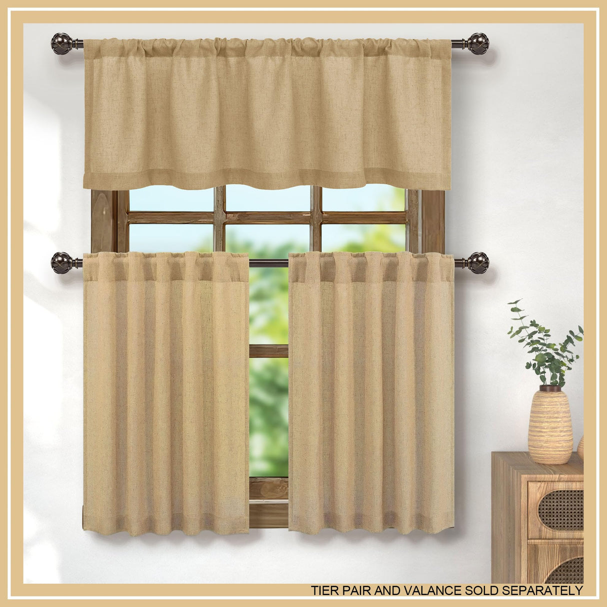 Pitalk Burlap Color Linen Window Valance for Kitchen 3 Inch Rod Pocket Semi Sheer Primitive Rustic Farmhouse Valance Curtain Topper for Bedroom Living Room Dining Bathroom 18 Inch Length Tan Brown Pitalk