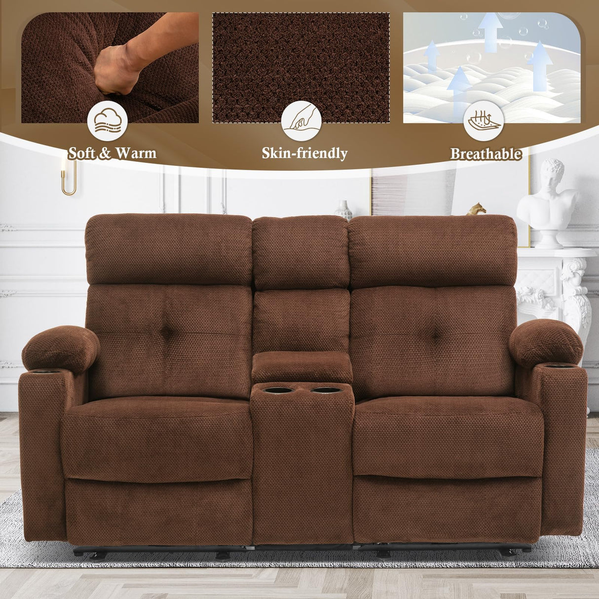 PALLOME Power Loveseat Recliner Sofa with Console, Loveseat Reclining Sofa with Heat & Massage, Home Theater Seating with Lumbar Pillow for Living Room, RV Recliner Loveseat (Velvet, Coffee) PALLOME