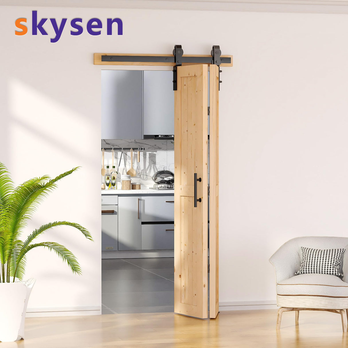 SKYSEN 36" X 84" Bifold Barn Door with 40" Bifold Barn Door Hardware Kit, Including Handle and Pulls, Unfinished Solid Spruce Wood Panel, Pre-Drilled and Assembled(36 * 84-40-fold) SKYSEN