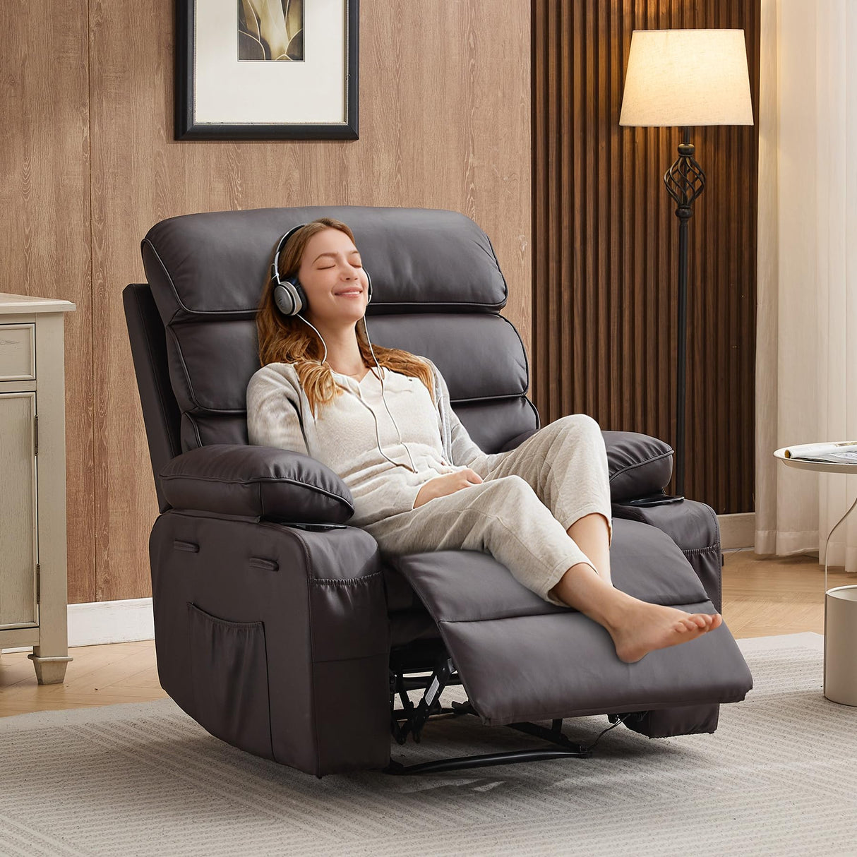 PU Leather Extra Wide Manual Recliner for Adults with Massage and Heat, Large Lazy Chair with 1.5X Sponge Comfort Arm and Back for Living Room, Bedroom PeacefulHues