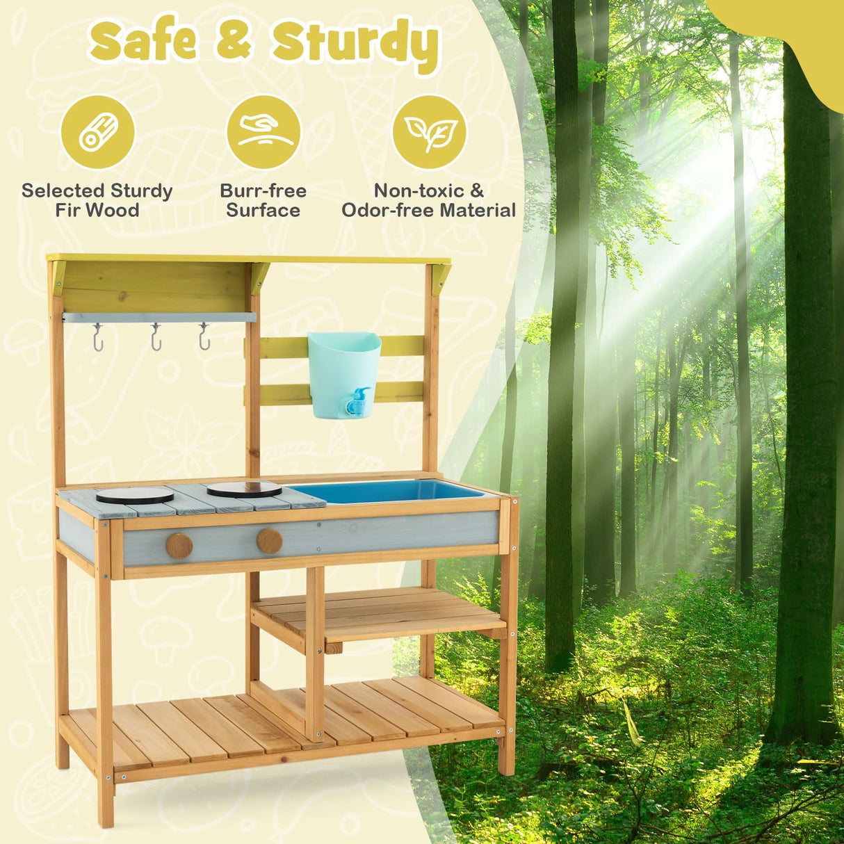 HONEY JOY Mud Kitchen for Kids Outdoor, Fir Wood Pretend Play Toy Kitchen with Removable Sink, Real Water Tank & Faucet, Stove, Toddler Kitchen Playset, Gift for Boys Girls, Natural HONEY JOY