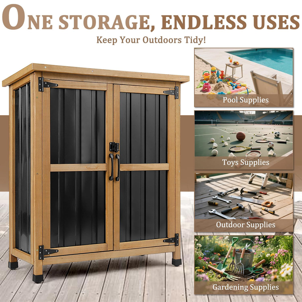 Weatherproof Outdoor Storage Cabinet with Lockable Doors, Wood & Metal Garden Storage Shed Patio Storage Box for Tools & Lawn Equipment, Pool Accessories PetsCosset