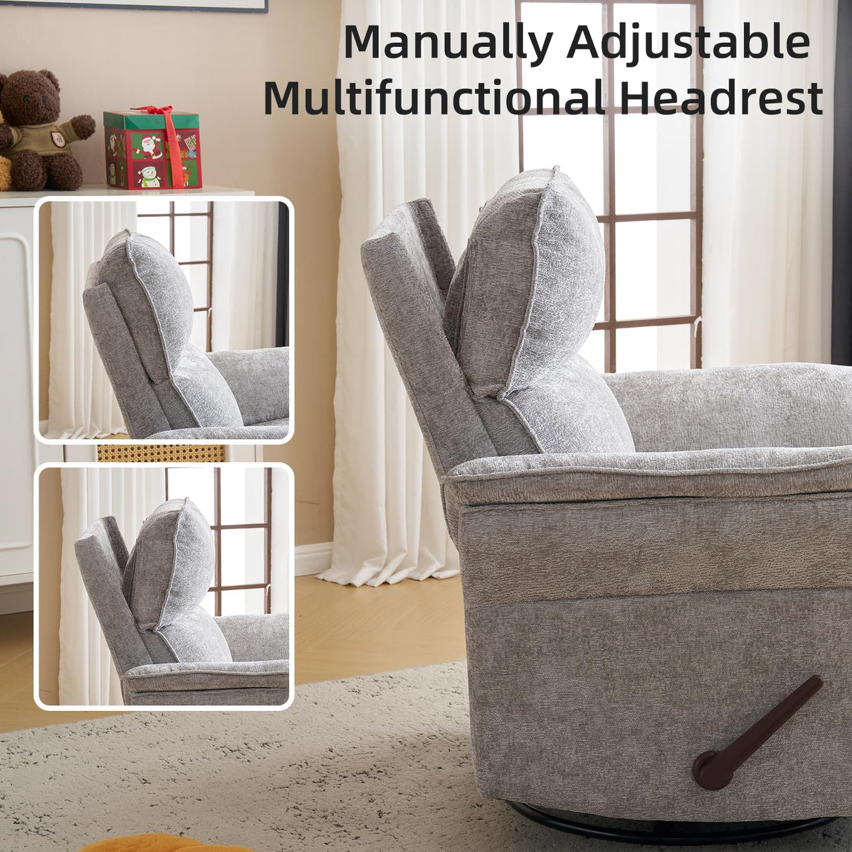 Rhevoy Oversized Glider Rocker Recliner, 26" Extra Wide 360° Swivel Nursery Recliner with Adjustable Headrest, Chenille Rocking Nursery Chair with Overstuffed Armrest, Lumbar Support, Light Grey Rhevoy