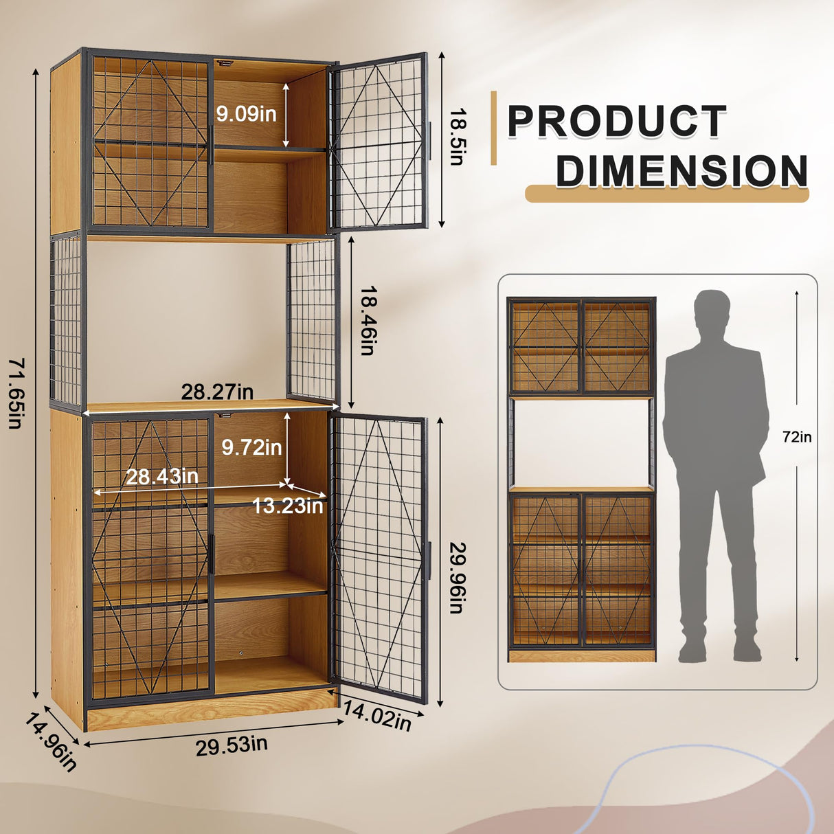 VECELO 72in Tall Kitchen Pantry Cabinet with Doors and Shelves, Large Freestanding Storage Cupboard with Countertop Hutch, Oak VECELO