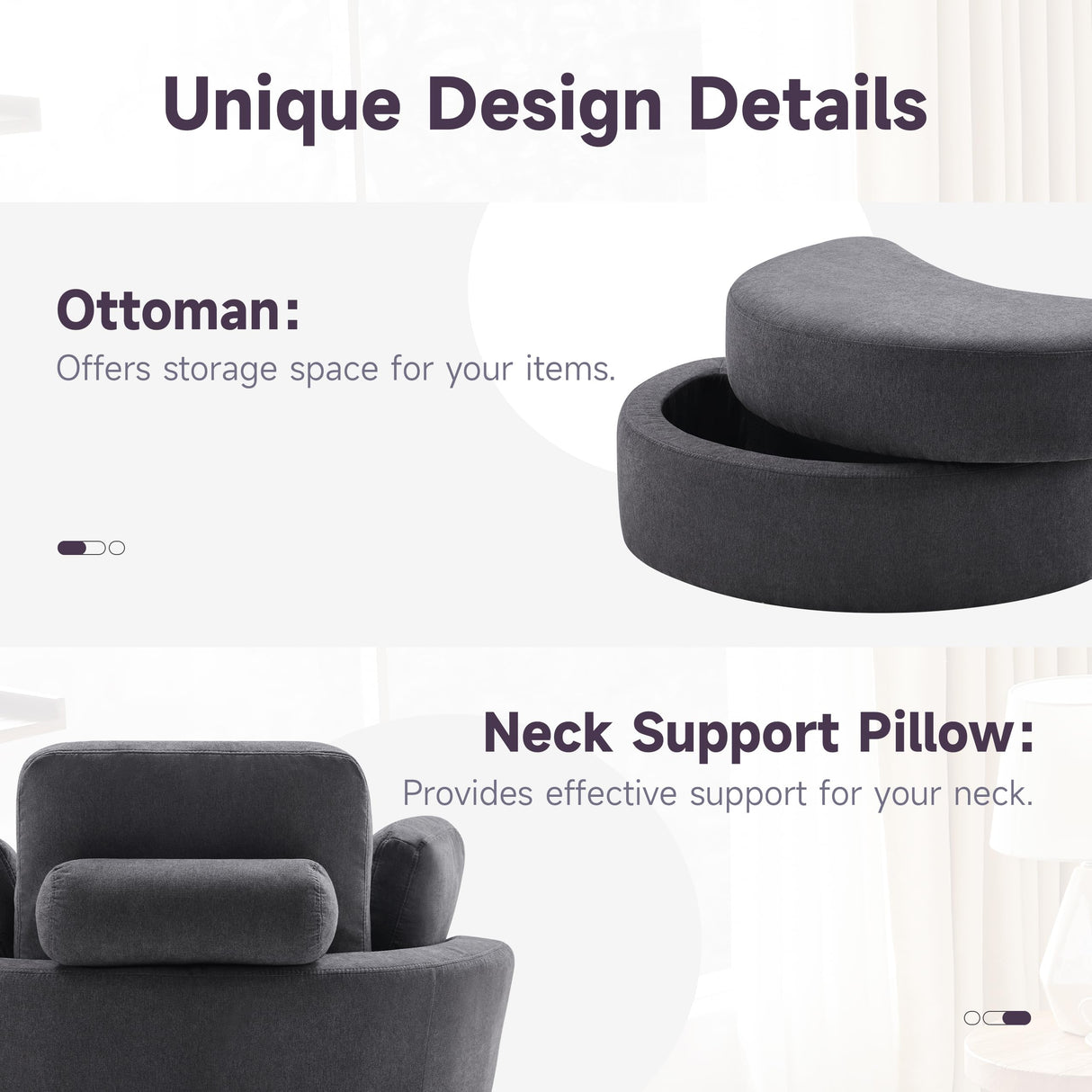 Huatean Home 39” Swivel Accent Barrel Chairs with Removable Headrest, Chaise Lounge Indoor with Neck Support Pillow, Oversized Chair with Ottoman,Swivel Chairs for Living Room, Grey Huatean Home