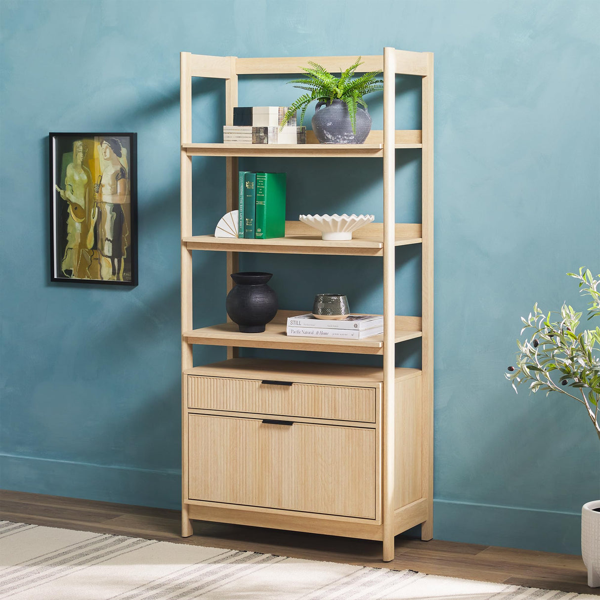 Walker Edison Transitional Open Reeded 4-Shelf Bookshelf with Drawers on Bottom, Versatile Bookcase with Bottom Storage for Home Office, Living Room, Bedroom, 33”W x 16.75”D x 70”H, Coastal Oak Walker Edison