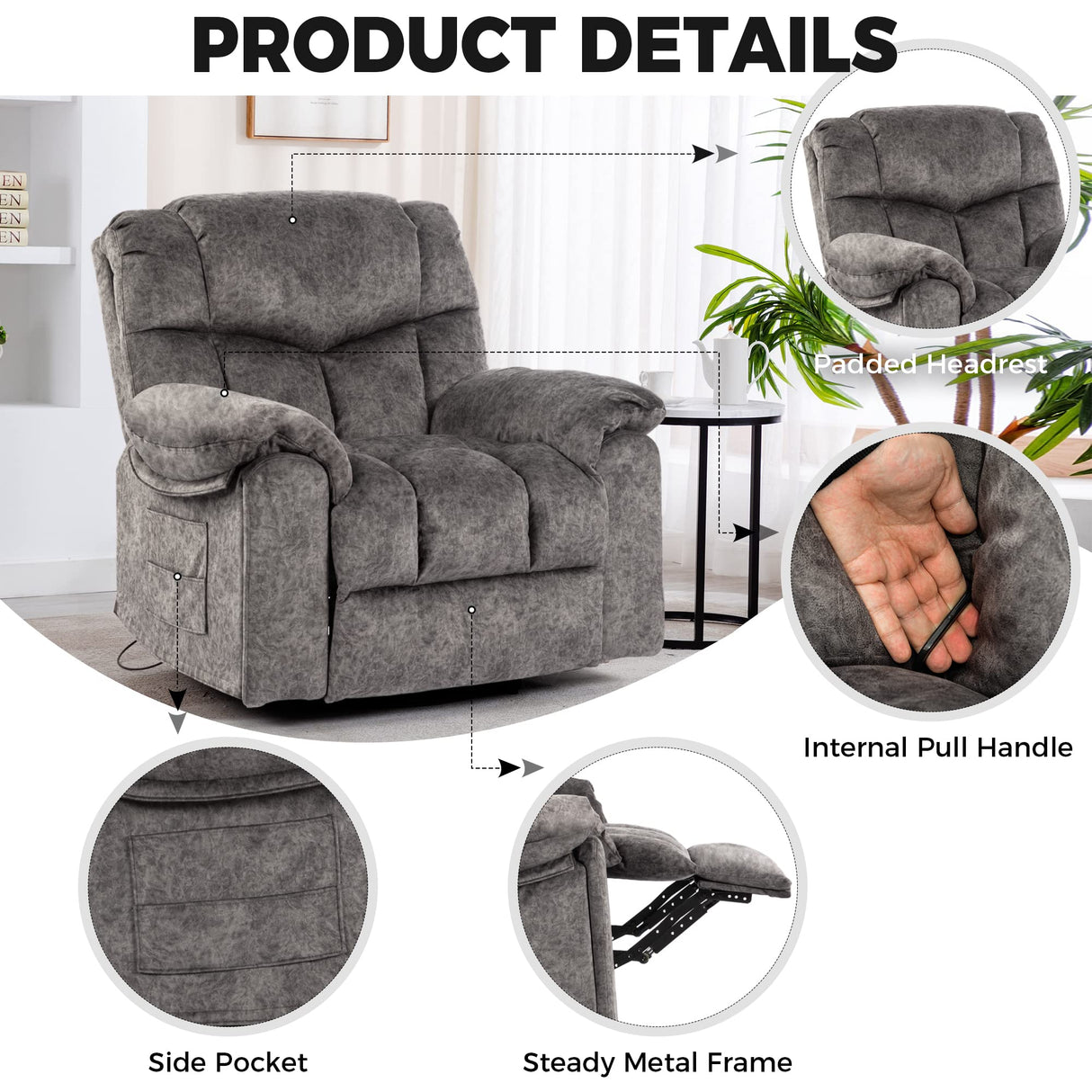 YI DANICA Recliner Chair with Swivel Glider Base for Living Room, Overstuffed Rocker Recliner with Foldable Armrest & Hidden Cup Holder, Manual Lounge Chair with 330lbs Capacity (Modern Style, Gray) YI DANICA