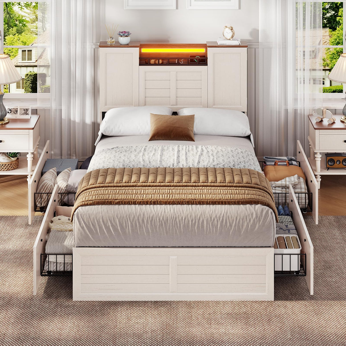 VIAGDO Farmhouse Twin Bed Frames with Headboard and Double Barn Door Storage Cabinets, Rustic Wooden Bed Frame Twin Size with Charging Station, 4 Drawers and LED Lights, No Box Spring Needed, White VIAGDO