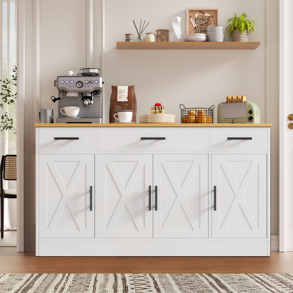 Vongrasig Buffet Cabinet with Drawers, 53” Large Sideboard Buffet Kitchen Storage Cabinet, Modern Farmhouse Coffee Bar with Shelves and Doors, Wood Buffet Table for Kitchen, Dining Room, White Vongrasig