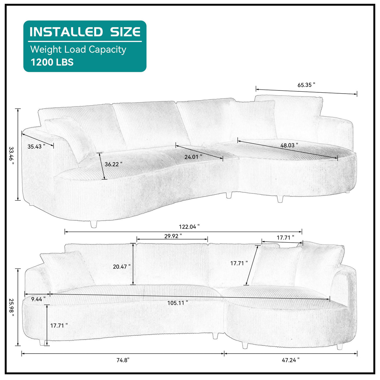 JUSTONE 122" Curved Sofa Cloud Couch for Living Room, Modern Corduroy Curved Upholstered Sofa with Pillows, 4-Seat Sofa Couch for Home Apartment Office (Right-Facing,Green) JUSTONE