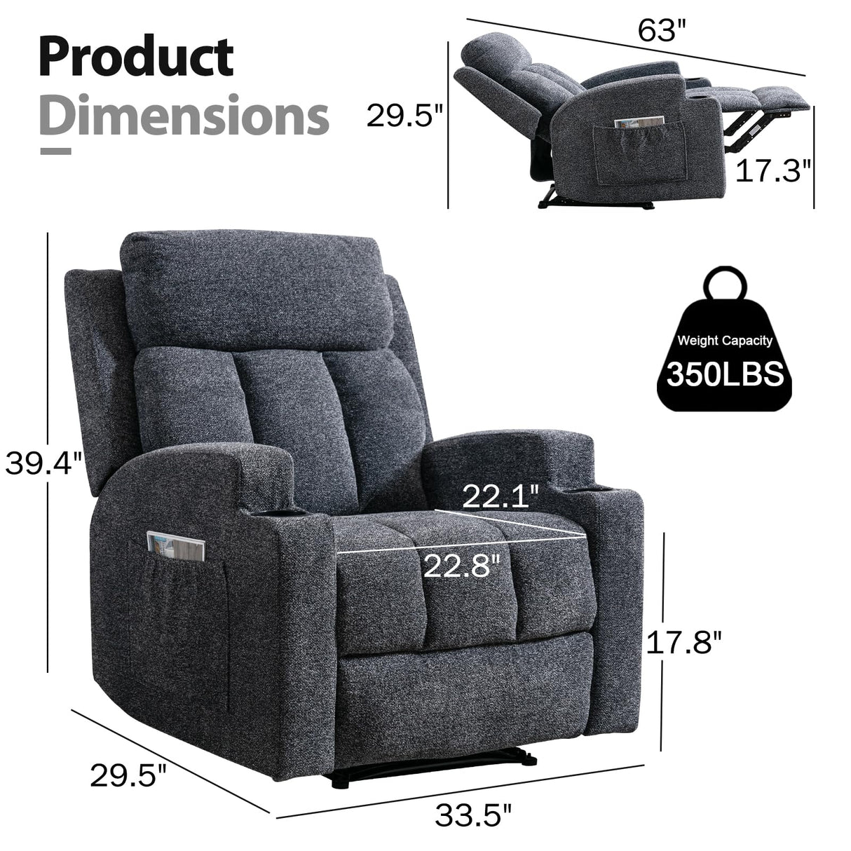 CANMOV Manual Recliner Chair with Massage and Heat,Soft Fabric Recliner Chair with Overstuffed Arm and Back, Manual Reclining Single Sofa with 2 Cup Holders, Side Pocket for Living Room,Dark Grey CANMOV