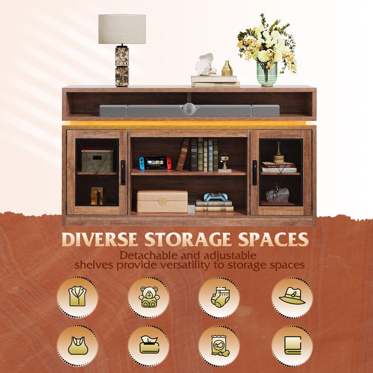 WLIVE TV Stand up to 65 Inch TV, 58" Entertainment Center with LED Lights, Farmhouse TV Media Console with Storage Cabinets, Adjustable Shelves for Living Room, Rustic Brown WLIVE