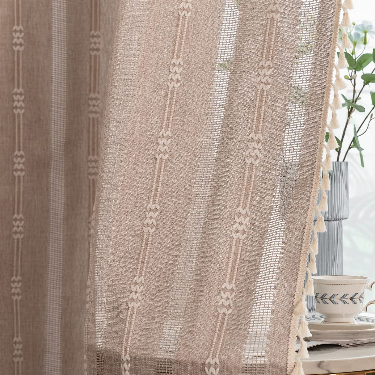 Linen Curtains 108 Inches Long for Living Room 2 Panels Set, Embroidery Farmhouse Curtains Tassel Boho Curtains for Bedroom Light Filtering Window Curtains Rod Pocket Drapes (52" W x 108" L,Khaki) BCLBUSTE
