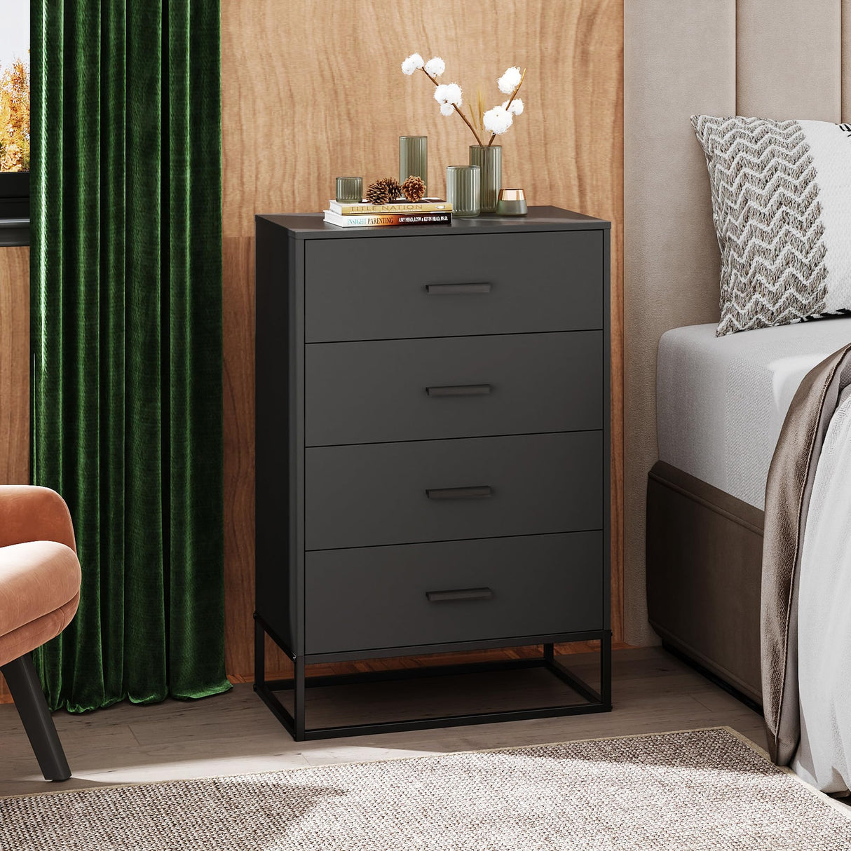 WLIVE Black Dresser for Bedroom with 4 Drawers, Tall Dresser with Sturdy Metal Frame, Wood Chest of Drawers for Closet, Living Room, Hallway WLIVE