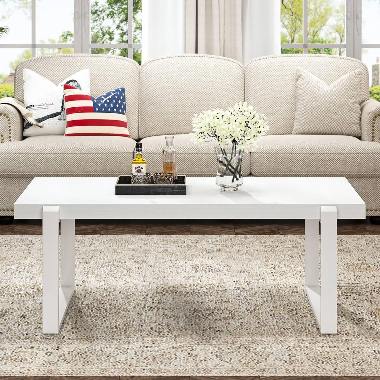 FOLUBAN White Coffee Table, Modern Rustic Wood and Metal Center Table, Rectangle Cocktail Tea Table for Living Room, 47 Inch FOLUBAN